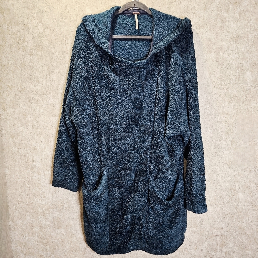 Free People Blanket Hoodie Teal Fuzzy Cozy